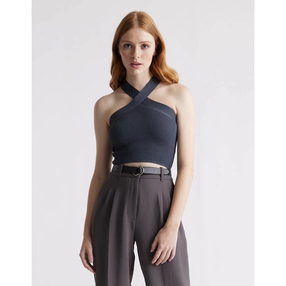 Quince Tops - Quince Cropped Halter Ribbed Knit Tank XS Gray